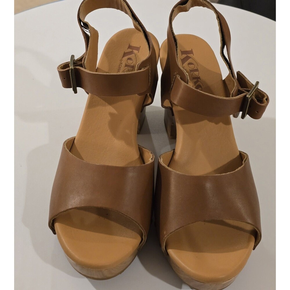 Korks by Kork-Ease Tan Leather Platform Clog Sandal Wood Base Studded Ankle...